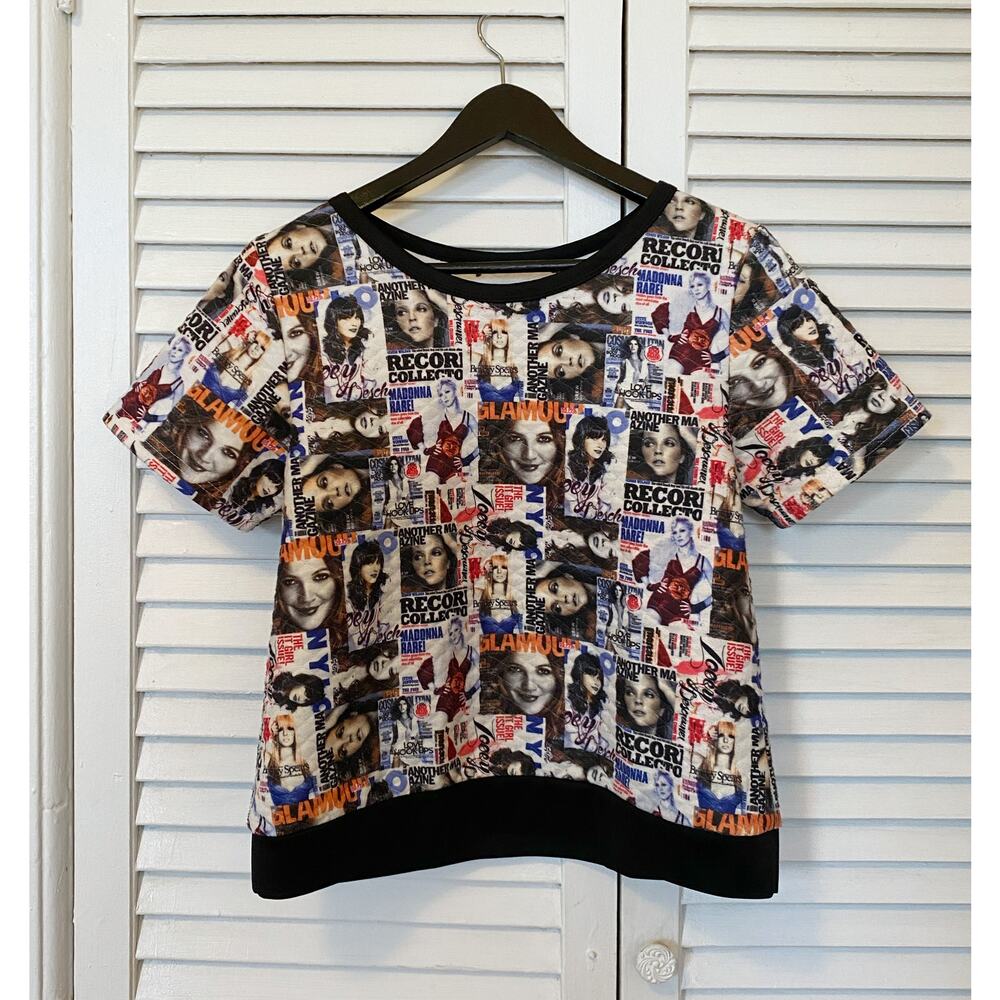Vintage 90s Y2K Quilted Fashion Magazine Cover Short Sleeve Shirt, size S-M